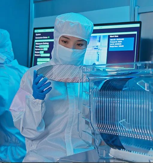 Operator in clean room with wafer